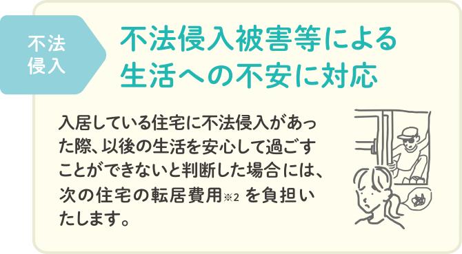 不法侵入 不法侵入被害等による生活への不安に対応。入居している住宅に不法侵入があった際、以後の生活を安心して過ごすことができないと判断した場合には、次の住宅の転居費用※2を負担いたします。
