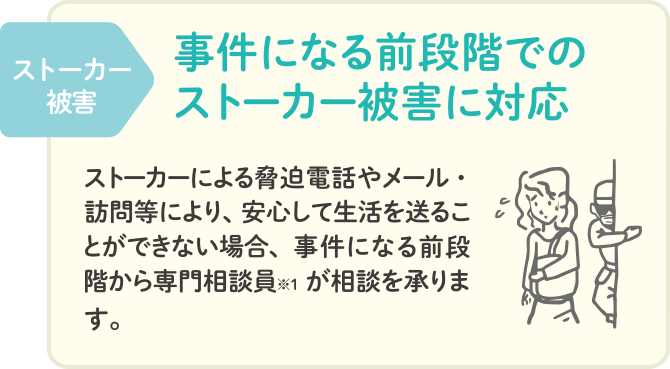 ストーカー被害 事件になる前段階でのストーカー被害に対応。ストーカーによる脅迫電話やメール・訪問等により、安心して生活を送ることができない場合、事件になる前段階から専門相談員※1が相談を承ります。