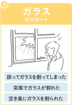 3 ガラスのサポート。誤ってガラスを割ってしまった、突風でガラスが割れた、空き巣にガラスを割られた、等に対応。